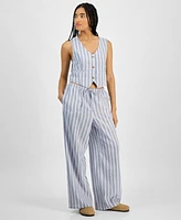 Hippie Rose Juniors' Striped Wide-Leg Drawstring Linen-Blend Pants