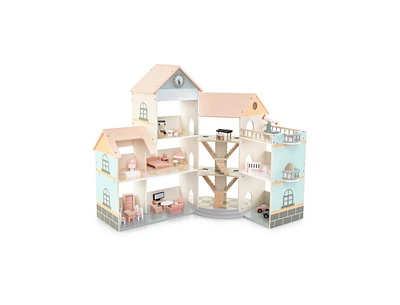 Hongge Wooden Corner Dollhouse Playset with 41 Pieces Accessories for Kids 3+ Years Old