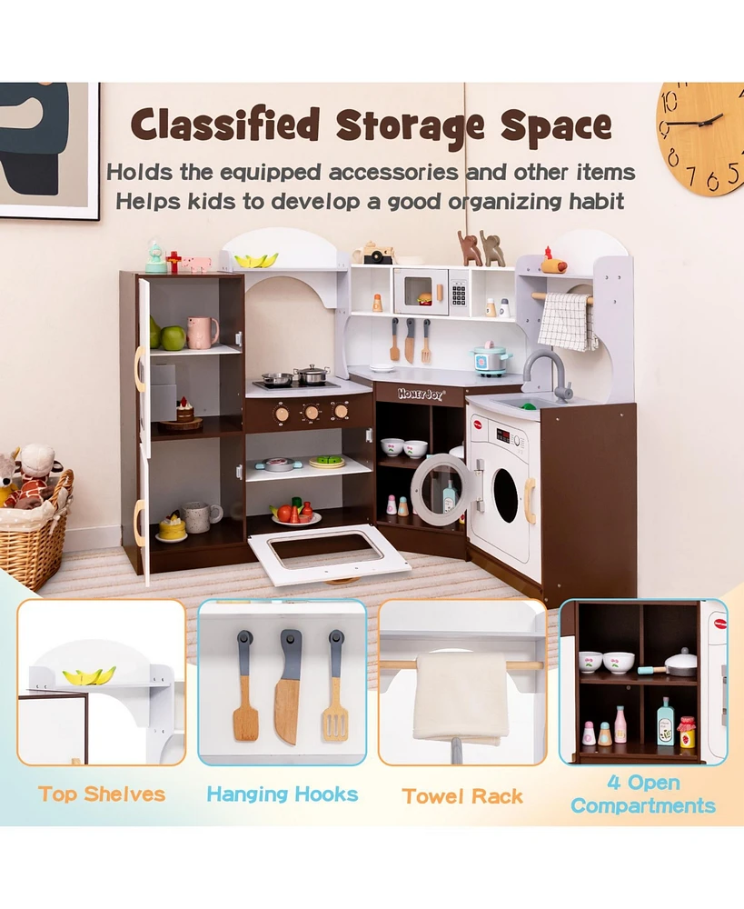Hongge Toddler Kitchen Playset with Ice Maker Microwave Oven Sink and Washing Machine for Kids 3+ Years Old