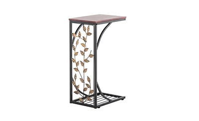 Slickblue Brown Leaf Pattern Iron Side Table, Elegant Coffee Table for Living Room or Patio