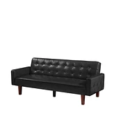 Slickblue Black Convertible Double Folding Sofa Bed in Pu Leather with Tufted Buttons and Removable Wooden Feet for Living Room