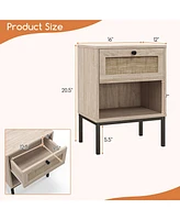 Gymax 2PCS Rattan Nightstand Boho End Table w/ Drawer & Open Shelf for Living Room Oak