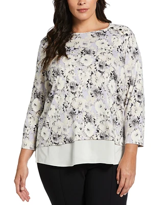 Rafaella Plus Floral Print Rivet Detail Layered 3/4 Sleeve Top