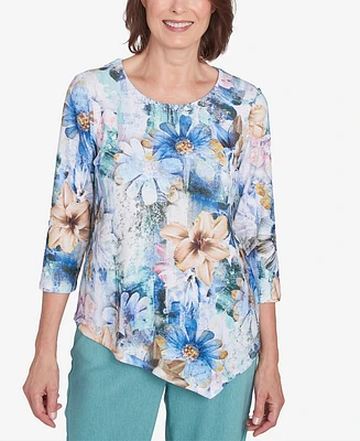 Alfred Dunner Women's Lake Victoria Watercolor Floral Asymmetric Hem Top