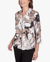 Alfred Dunner Women's Romancing the Stone Shadow Leaf Print Button Front Top