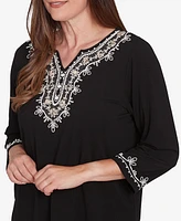 Alfred Dunner Women's Romancing the Stone Split Neck Scroll Embroidered Top