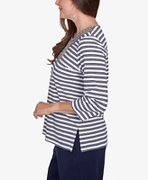 Alfred Dunner Women's Block Island Striped Top with Embroidered Neckline