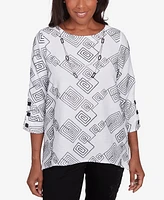 Alfred Dunner Women's Wild at Heart Geometric Woven Top with Necklace