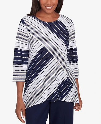 Alfred Dunner Women's Block Island Spliced Stripe Crew Neck Textured Top