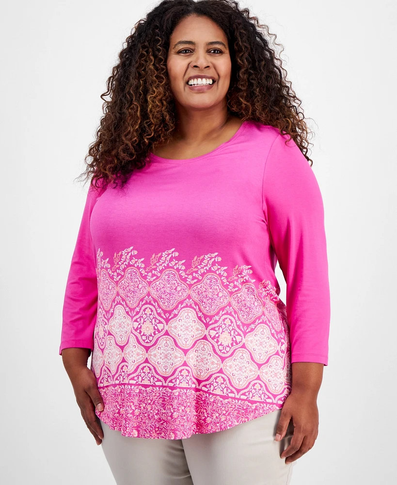 Jm Collection Plus Printed 3/4 Sleeve Top, Exclusively at Macy's