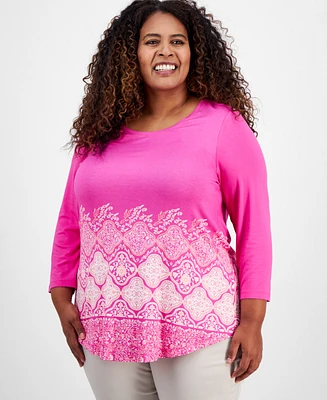 Jm Collection Plus Printed 3/4 Sleeve Top, Exclusively at Macy's