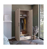 Depot E-Shop Darwin 180 Armoire, Double Door Cabinets, Metal Rod, Metal Handle, Two Shelves, One Drawer, Light Gray