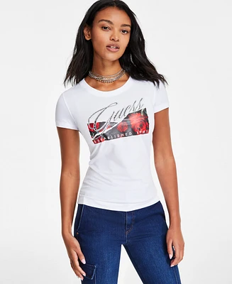 Guess Women's Rose Graphic Rhinestone Crewneck Tee