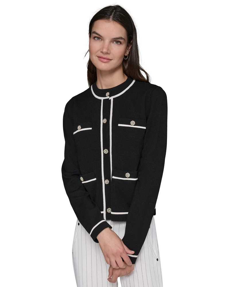 Karl Lagerfeld Paris Petite Embellished-Button Tipped Cardigan Sweater