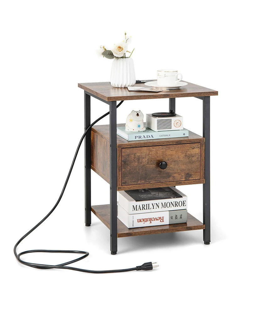 Gymax Nightstand Bedside Sofa End Table w/ Charging Station Open Shelves & Drawer