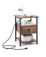 Gymax Nightstand Bedside Sofa End Table w/ Charging Station Open Shelves & Drawer