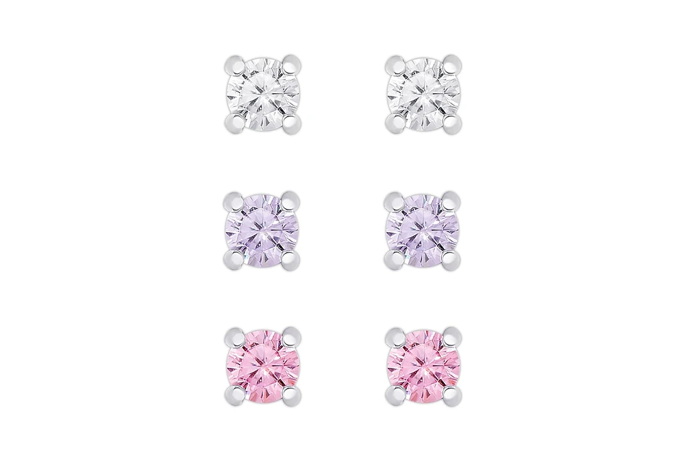 Lily Nily Girls White, Lavender, and Pink Cz 3 Pairs Studs Set in Sterling Silver