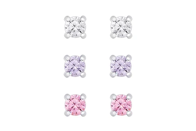 Lily Nily Girls White, Lavender, and Pink Cz 3 Pairs Studs Set in Sterling Silver