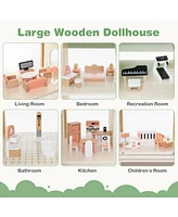 Hongge Wooden Corner Dollhouse Playset with 6 Rooms and 36 Pieces for Kids 3+ Years Old-Green