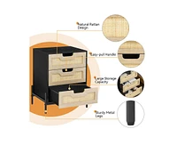gaomon Rattan Nightstand, Black Nightstand with 3 Natural Rattan Drawers, Boho Mid Century Modern Bedside Table, Stylish End Table, and Functional Sid