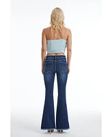 Bayeas Women's High Rise Flare Jeans With Frayed Hem Deep Sea