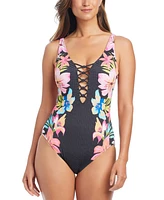 Bleu by Rod Beattie Women's Sweet Escape Floral-Print Lace-Down One-Piece Swimsuit