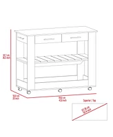 Delos Kitchen Island 36" H, Six Casters, Two Drawers, Open Storage Shelves, Towel Hanger