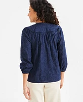 Style & Co Women's Textured Cotton Split-Neck Shirt, Exclusively at Macy's