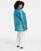 Anne Klein Plus Size Sequin Open Front Cardigan Sequin Mesh Trim Short Sleeve Top Compression Pull On Wide Leg Trousers