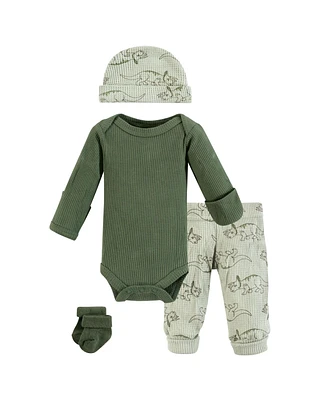 Hudson Baby Baby Boys Thermal Preemie Layette Set 4pc Long Sleeve Outfit, Sage Dinosaur, Preemie