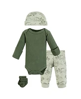 Hudson Baby Baby Boys Hudson Thermal Preemie Layette Set 4pc Long Sleeve Outfit, Sage Dinosaur, Preemie