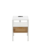 Slickblue Rattan End Table with Power Outlet & Usb Ports, Modern Nightstand with Drawer and Metal Legs