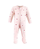 Hudson Baby Girls Cotton Sleep and Play, Pink Daisy Heart, 0-3 Months