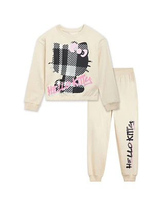 Hello Kitty Girls Fleece Boxy Sweatshirt Crop Top and Jogger Pants Outfit Set