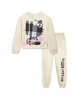 Hello Kitty Girls Fleece Boxy Sweatshirt Crop Top and Jogger Pants Outfit Set