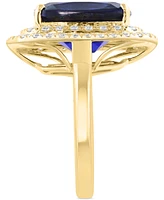 Effy Cushion-Cut Lab Grown Blue Sapphire (6-5/8 ct. t.w.) & Lab Grown Diamond (1-1/10 ct. t.w.) Double Halo Ring in 14k Yellow Gold