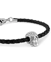 Philipp Plein Men's Enigma Crystal Skull Black Leather Bracelet in Stainless Steel