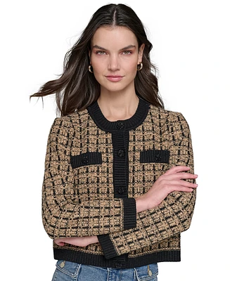 Karl Lagerfeld Paris Petite Checkered Cardigan Sweater