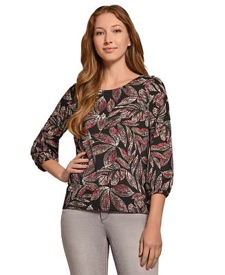 Jones New York Petite Printed Shoulder-Button Top