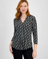 Jm Collection Petite Geo-Print Ity V-Neck 3/4-Sleeve Top, Exclusively at Macy's