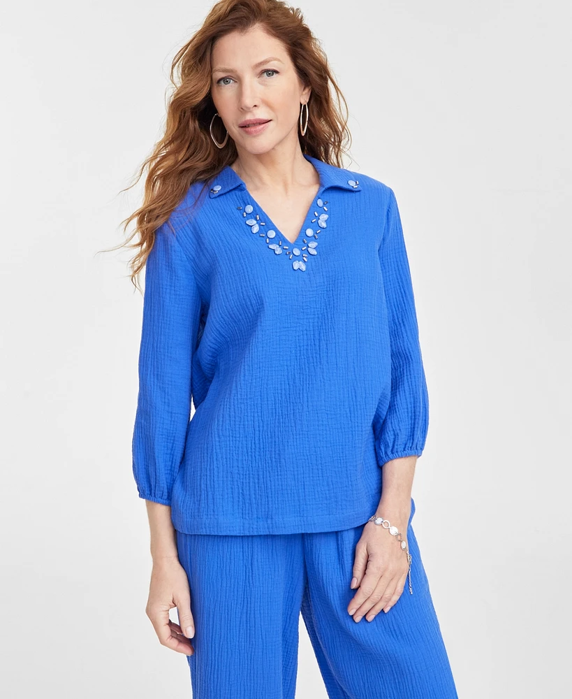 Jm Collection Petite Cotton Gauze Embellished-Neck Top