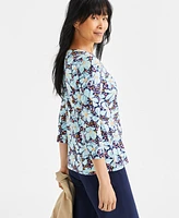 Style & Co Petite Blooming Floral Cotton 3/4-Sleeve Top, Exclusively at Macy's