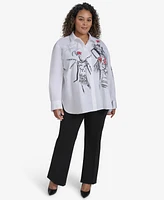 Karl Lagerfeld Paris Plus Sketch Girl Embellished Printed Cotton Button-Front Shirt, Exclusively at Macy's