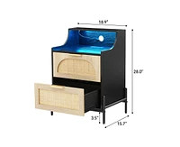 gaomon Rattan Nightstand, Nightstand with Charging Station with and Led Lights, Bedside Table with Usb Ports and Outlets, Rattan Drawer, Black Nightst