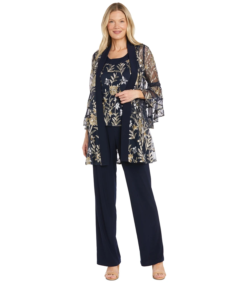 R & M Richards Women's 2-Pc. Embroidered Illusion-Sleeve Top Pants Set