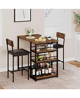 gaomon Dining Table Set for 2, Bar Table and Chairs for 2, Kitchen Table Set with 2 Upholstered Chairs,3 Large Storage Shelves,Brown