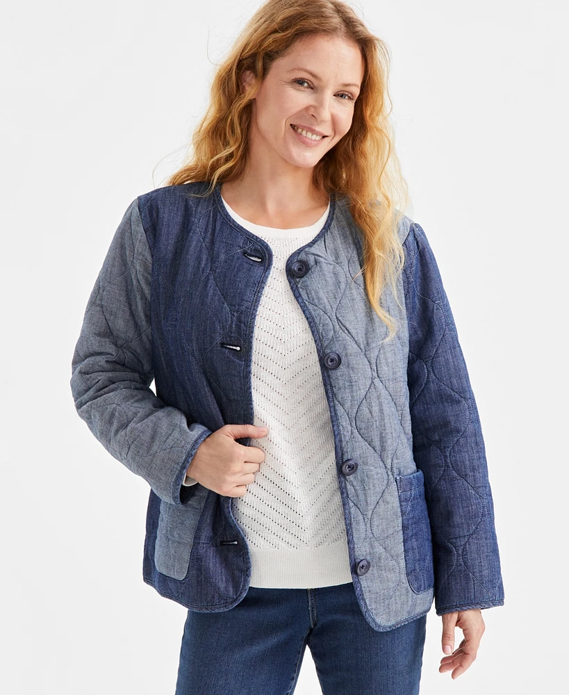 Style & Co Petite Quilted Chambray Cotton Long-Sleeve Jacket, Exclusively at Macy's