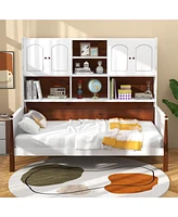 Sugift Twin Bed with Bookcase with Shelves and Wooden Slat Support No Box Spring Needed for Living Room Bedroom