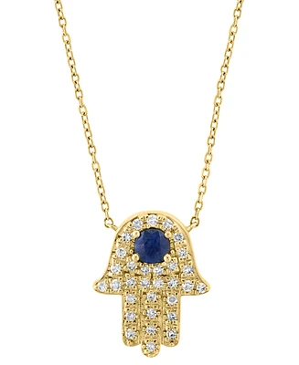 Effy Blue Sapphire (1/4 ct. t.w.) & Diamond (1/6 ct. t.w.) Hamsa Hand 18" Pendant Necklace in 14k Yellow Gold