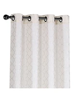 Kate Aurora 2 Piece Silver Sparkly Semi Sheer Trellis Quatrefoil Grommet Top Window Curtain Panels